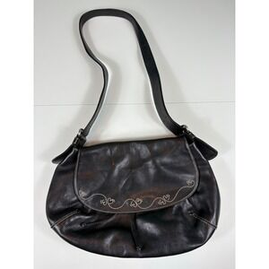 Cole Haan Black Leather Embroidered Shoulder Bag Flap Boho Purse